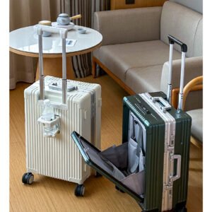 Front Opening Aluminum Frame Type Luggage with Cup Holder USB Port